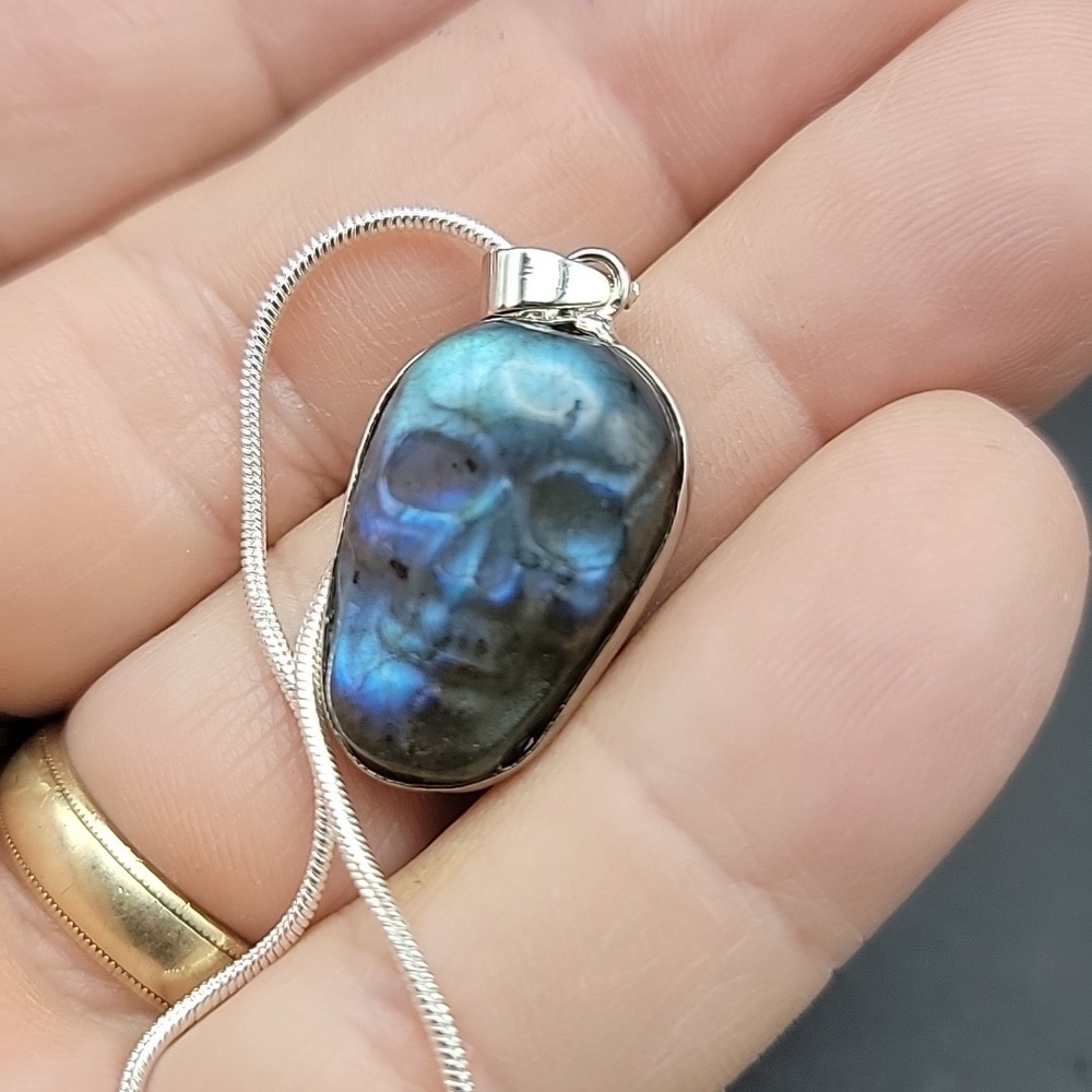 22" Silver Plate Necklace Gemstone Labradorite Skull Pendant Unisex NEW